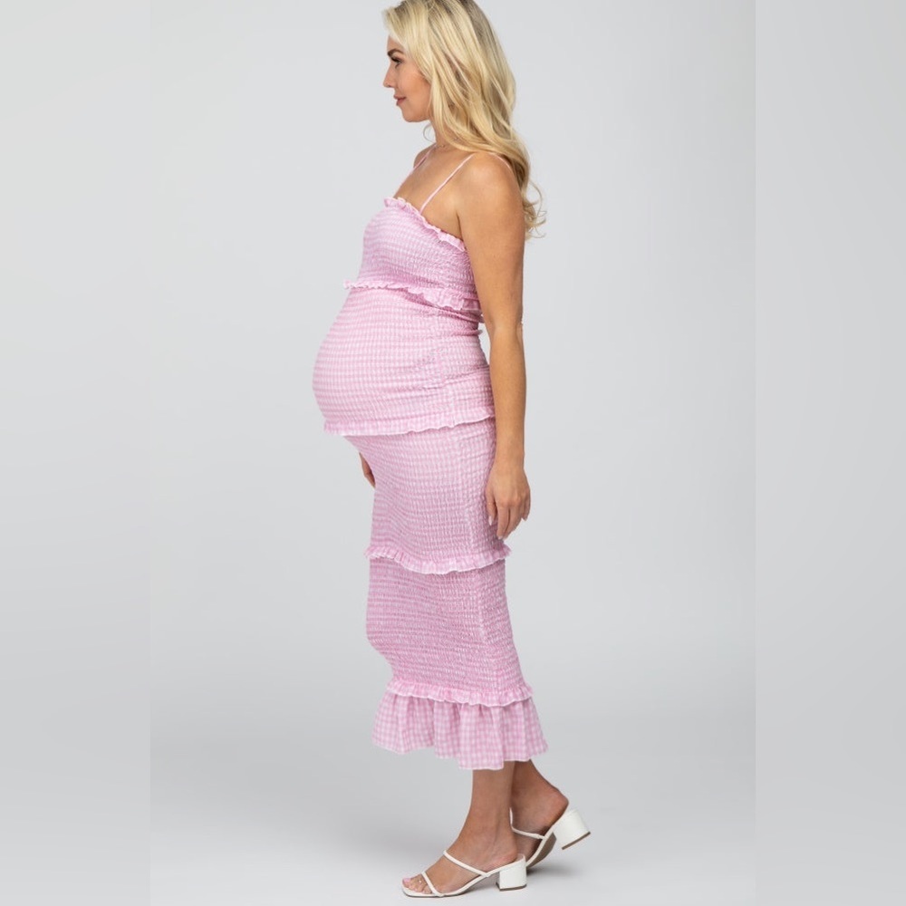 PinkBlush gingham smocked ruffle trim midi bodycon dress nwot - Picture 2 of 7